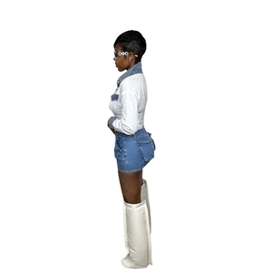 Sexy slim denim dress with white contrast shirt collar and cargo mini skirt for women