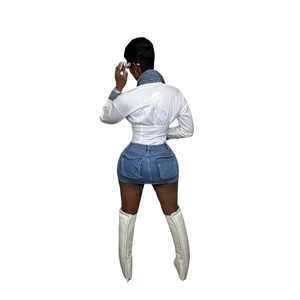 Slim fit denim mini dress with white shirt panels and back pockets shown from behind