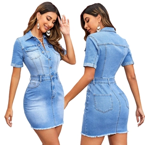 Women Casual Short Sleeve Denim Dress Slim Fit Button Up Lapel Shirt Mini Dress With Raw Hem Pockets Light Blue Summer Fashion