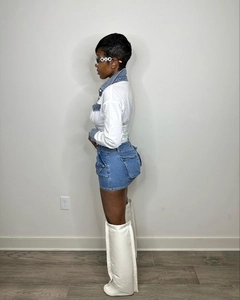 Slim fit denim dress set featuring long sleeve patchwork shirt and mini cargo skirt