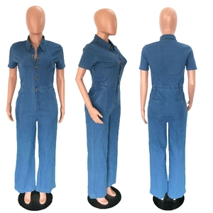 Three-way view of blue denim jumpsuit with lapel collar, short sleeves and elastic waist