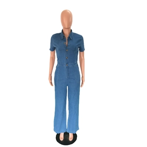 Detail view of denim jumpsuit featuring short sleeves, lapel collar and button closure