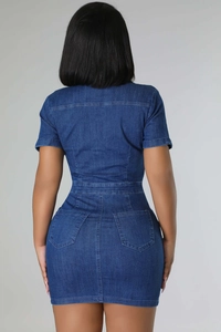 Slim fit dark blue denim dress back view with visible stitching and rear pockets