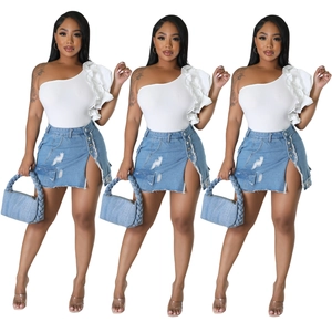 Damen Sexy Distressed Denim Minirock High Slit Bodycon Cargo Rock Mit Taschen Streetstyle Nightclub Hellblau