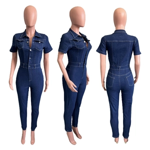 Front, side, and back views of a short sleeve denim jumpsuit with white stitching