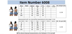 Detailed size chart for women casual stretch denim shorts in sizes S to 2XL with measurements