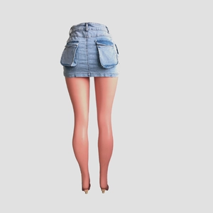 Detail view of high waist light blue denim skirt featuring large back cargo pockets