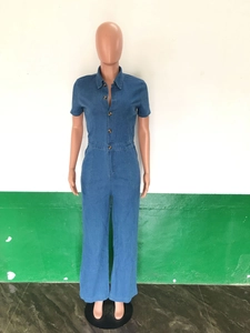 Front view of blue denim jumpsuit featuring short sleeves and wide legs on a mannequin