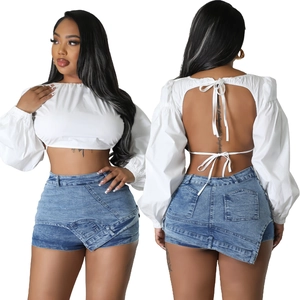 Women Fashion Asymmetrical Denim Skort High Waist Washed Denim Shorts With Pockets Streetwear Casual High Stretch Short Pants