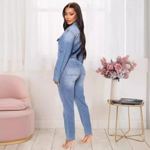 Slim fit long sleeve denim jumpsuit for women in washed light blue with waist design