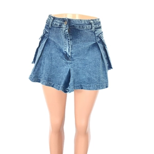 Slim fit washed denim mini skirt with cargo pockets and metallic button closure