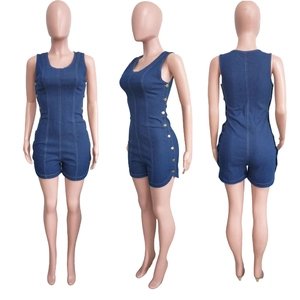 Detail view of slim fit denim romper with gold buttons and sleeveless design from three sides
