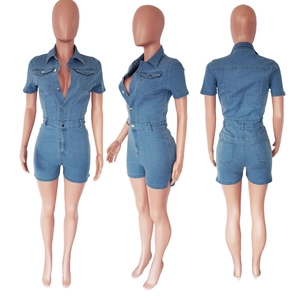Three-view layout of a slim fit blue denim short sleeve romper with button pockets