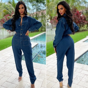 Combinaison en Denim pour Femmes Manches Longues Revers Bouton Métallique Casual Coupe Slim Bleu Denim Barboteuse Longue