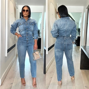 Women's Denim Jumpsuit Long Sleeve Turn-Down Collar Washed Blue Cotton Blend Streetwear Casual Stylish One-Piece Jumpsuit