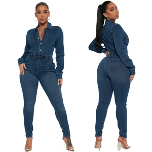 Women Sexy Long Sleeve Denim Jumpsuit Slim Fit Button Up Lapel Romper With Drawstring Waist Casual Fashion Jean Overalls