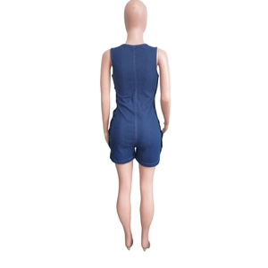 Back view of a sleeveless denim romper with white contrast stitching on light blue fabric