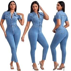 Slim fit light blue denim jumpsuit for women with short sleeves and metal buttons