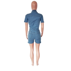 Back view of a slim-fit denim romper showing waist structure and symmetrical pockets