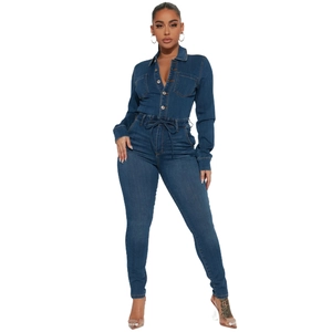 Slim fit dark blue denim jumpsuit with long sleeves, button closure and waist tie belt