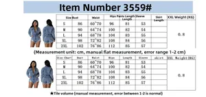 Size chart for high elastic denim jumpsuit showing measurements in CM for S to 2XL