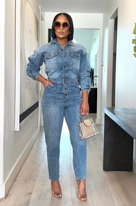 Chic long sleeve denim jumpsuit with collar buttons and waist detail in casual street style