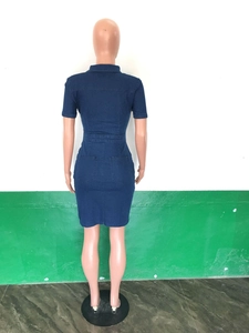 Slim fit denim mini dress for women with short sleeves and back pocket details