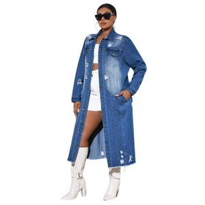 Distressed long denim trench coat for women with ripped details and chest pockets