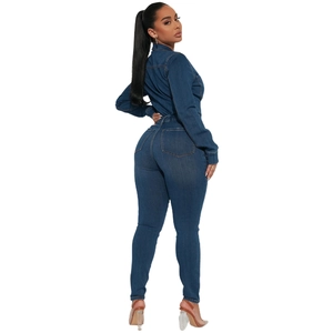 Slim fit deep blue long sleeve denim jumpsuit with high stretch and back pockets