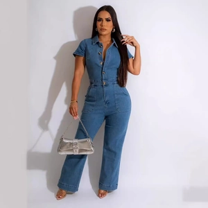 Chic blue short sleeve denim jumpsuit with button front and cinched waist for women