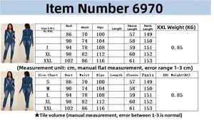Detailed size chart for denim jumpsuit showing bust, waist, and hip measurements in cm
