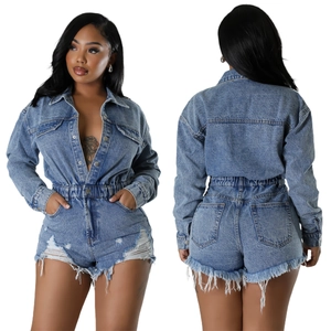 Women Denim Jumpsuit Long Sleeve Distressed Ripped Tassel Washed High Waist Stretchy Streetwear Casual One Piece Romper