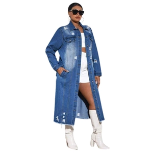 Women's long denim jacket with distressed ripped details and washed blue finish