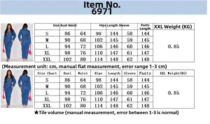 Detailed size chart for long sleeve denim jumpsuit with chest and waist measurements