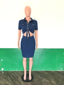 Front view of slim fit denim dress with collar and waist tie detail showing the hollow-out design
