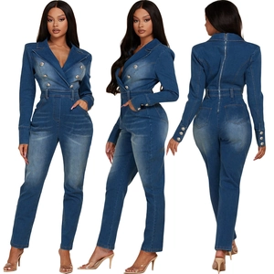 Denim jumpsuit with double-breasted suit collar and back zipper in washed blue finish