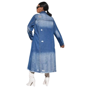 Distressed mid-blue denim trench coat for women with long sleeves and raw hem back view