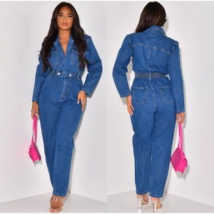 Women's Sexy Notched Lapel Denim Jumpsuit Long Sleeve Streetwear Washed Jean Romper Slim Fit One Piece Outfit With Pockets