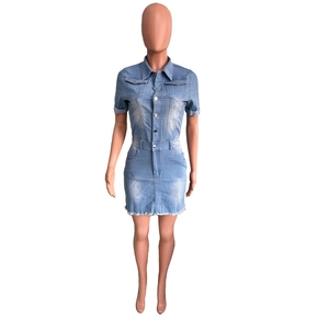 Slim fit light blue denim mini dress with short sleeves and frayed hem for casual wear