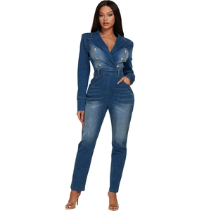 Slim fit dark blue denim jumpsuit with lapel collar and double-breasted buttons