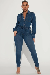 Slim fit dark blue denim jumpsuit featuring long sleeves and drawstring waist detail