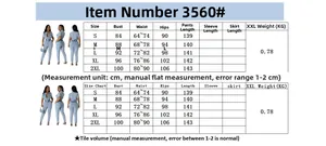 Detailed size chart for the slim fit denim jumpsuit including bust, waist, and hip measures