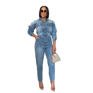 Sexy light blue denim jumpsuit for women featuring long sleeves and a button-down front