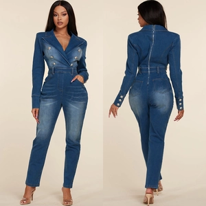 Women Sexy Denim Jumpsuit Notched Lapel Double Breasted Long Sleeve Slim Fit Washed Jean Romper Streetwear Bodycon Overall