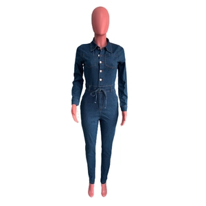 Slim fit dark blue denim jumpsuit with long sleeves, button closure and drawstring waist