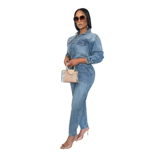 Chic light blue long sleeve denim jumpsuit with lapel collar and waist-cinching fit