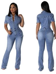 Women Denim Jumpsuit Flare Leg Cargo Pockets Short Sleeve Button Up Slim Fit Washed Blue One Piece Romper Streetwear Fashion