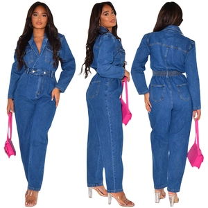 Deep blue denim jumpsuit with lapel collar and double-breasted high waist shown in three views