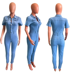 Three-way view of slim fit light wash denim short sleeve jumpsuit with turn-down collar