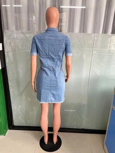 Detail of the back view showing raw hem fringe and denim pockets on a light blue dress